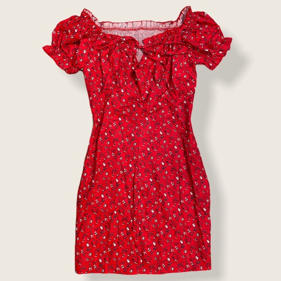 Red Off Shoulder Ditsy Floral Shirred Back Dress - Picture 1 of 2